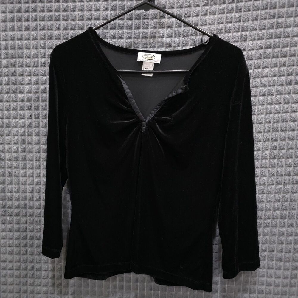 Velvet Y2K Black Top Sm 90s Stretch Velour Whimsigoth Witchy 3/4Sleeve Romantic